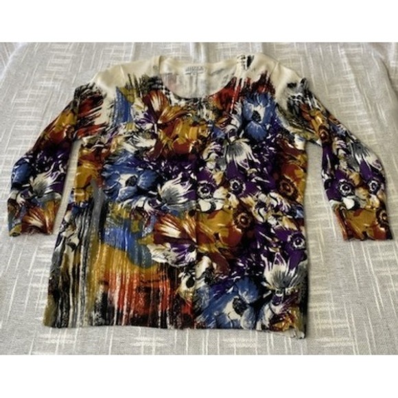Joseph A. Women Petite Medium Cardigan Sweater Floral Painterly 3/4 Sleeve PM - Picture 6 of 12